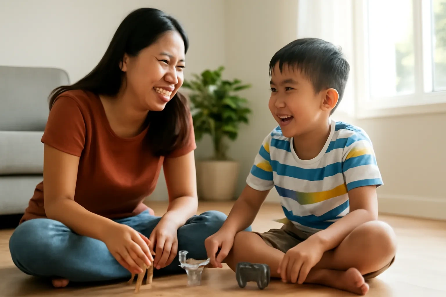 Mẹ và con trai ngồi bệt trên sàn phòng khách, cười đùa chơi với các con thú đồ chơi