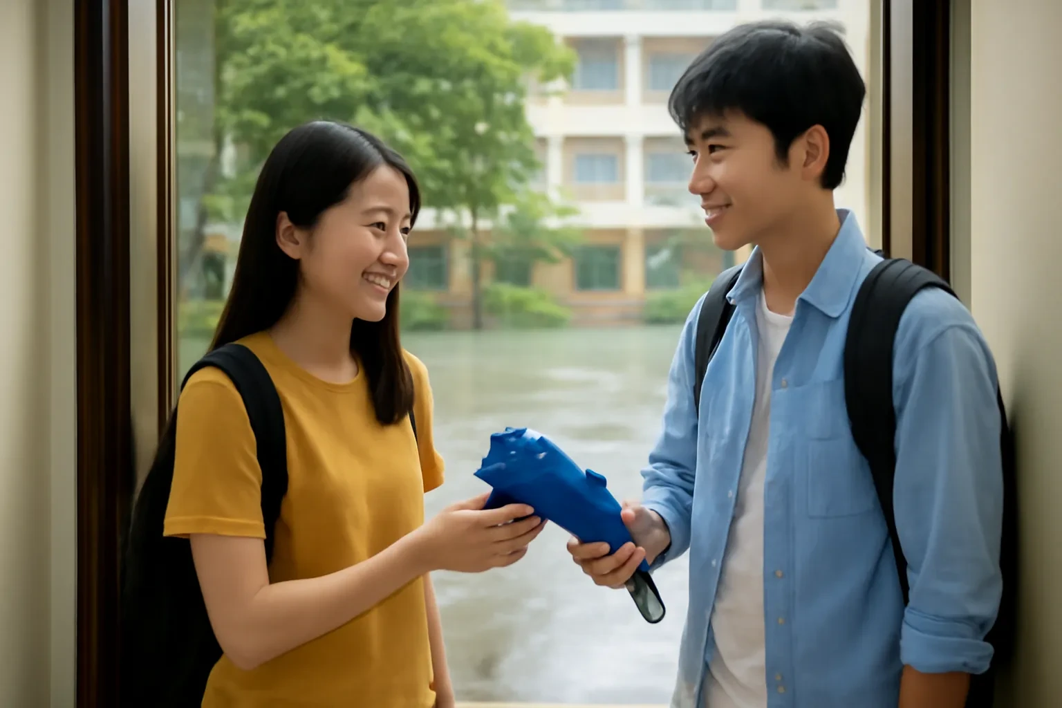 Hai sinh viên đứng ở cửa phòng ký túc xá, một người đưa chiếc ô xanh cho bạn mượn