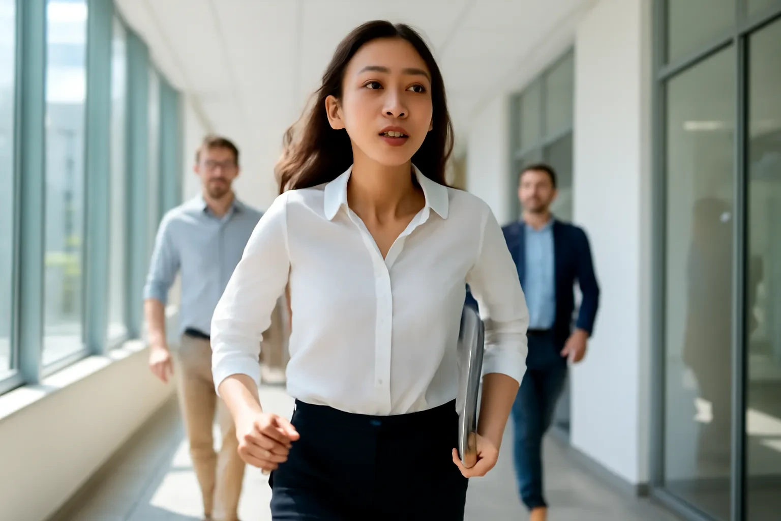 Cô gái văn phòng kẹp máy tính xách tay, vội vã đi trên hành lang đầy nắng