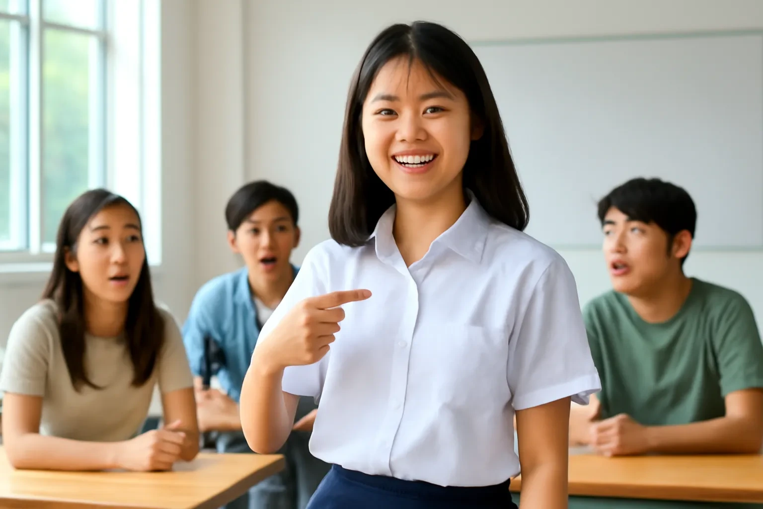 Nữ sinh áo trắng cười tươi chỉ tay vào mình trong khi các bạn quay lại nhìn