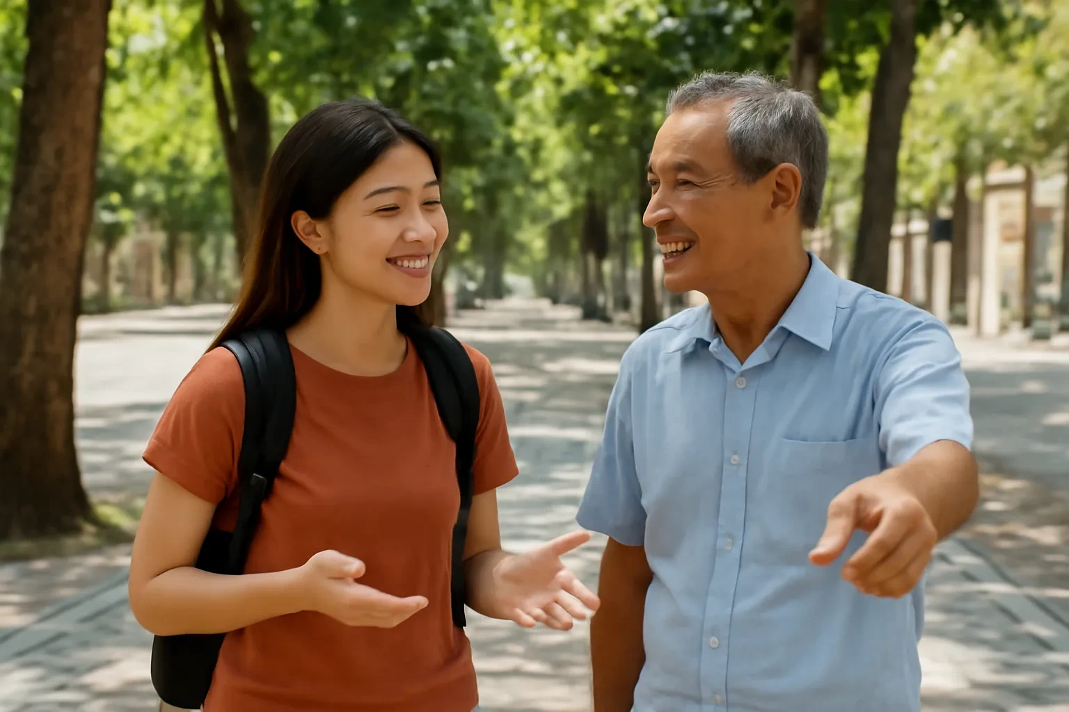 Cô gái đeo ba lô lịch sự hỏi đường một người đàn ông lớn tuổi trên vỉa hè rợp bóng cây