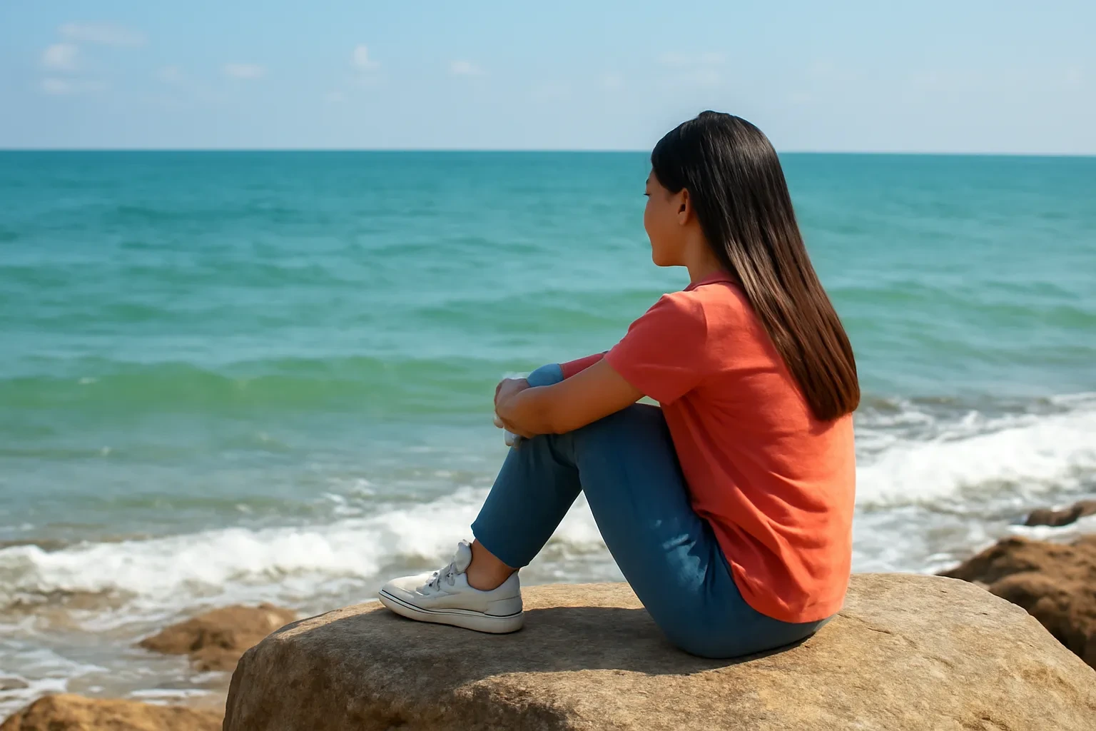 Cô gái tuổi teen ngồi ôm gối trên mỏm đá nhìn ra biển lúc chiều