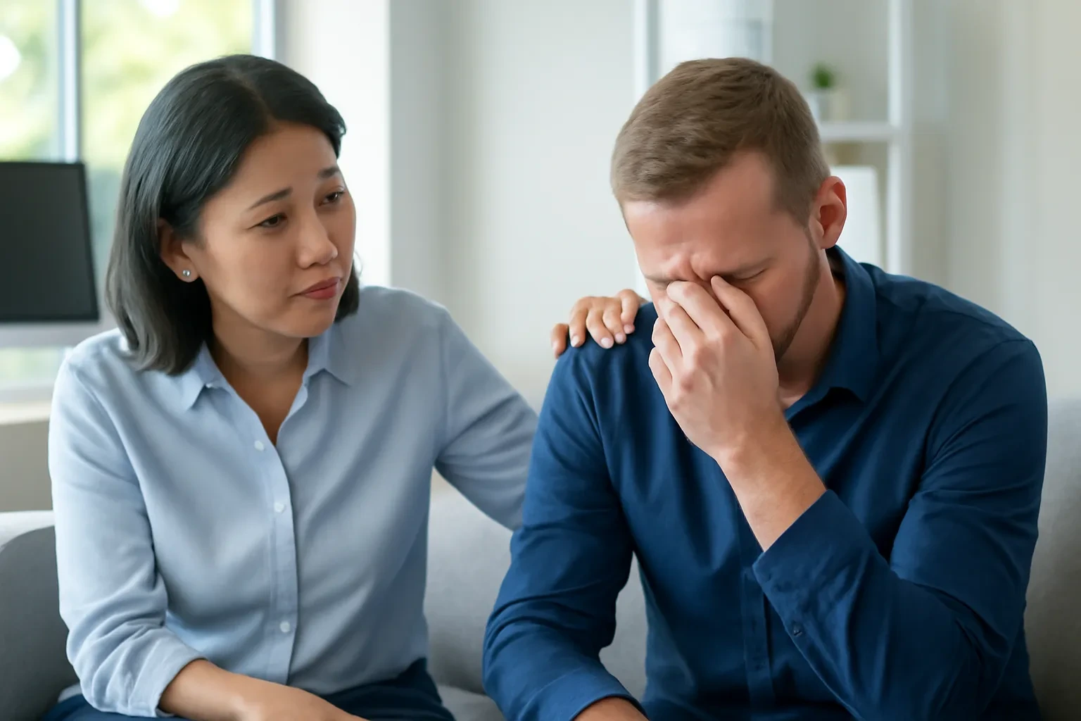 Người phụ nữ nhẹ nhàng đặt tay lên vai đồng nghiệp đang buồn