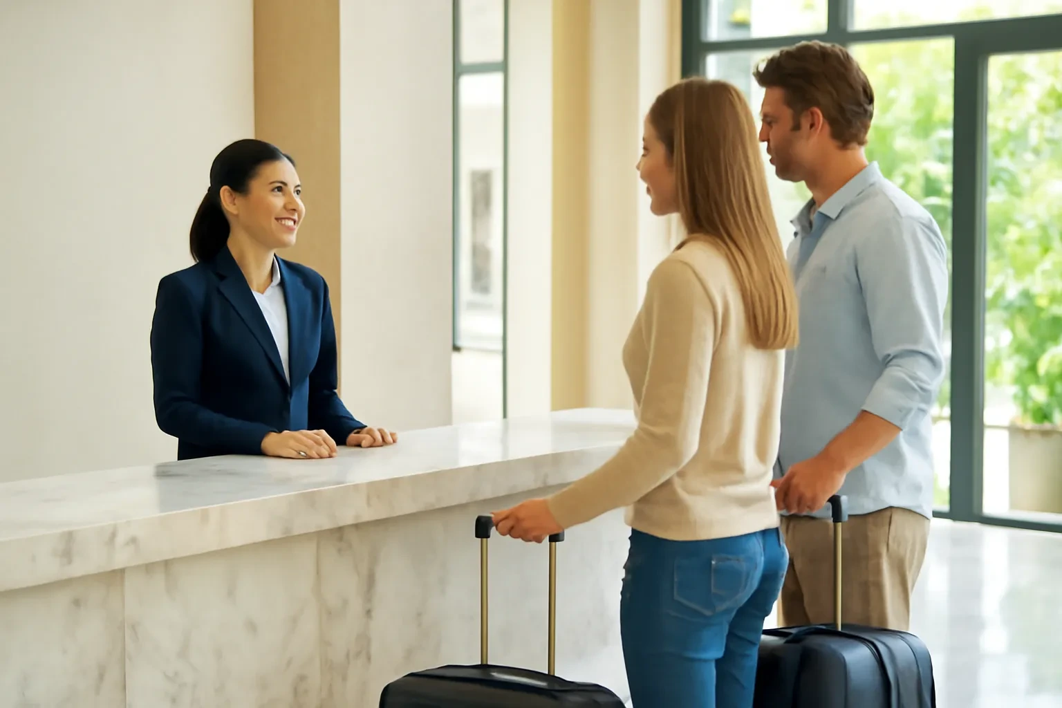 Lễ tân khách sạn mỉm cười trò chuyện với đôi khách châu Âu kéo vali tại quầy