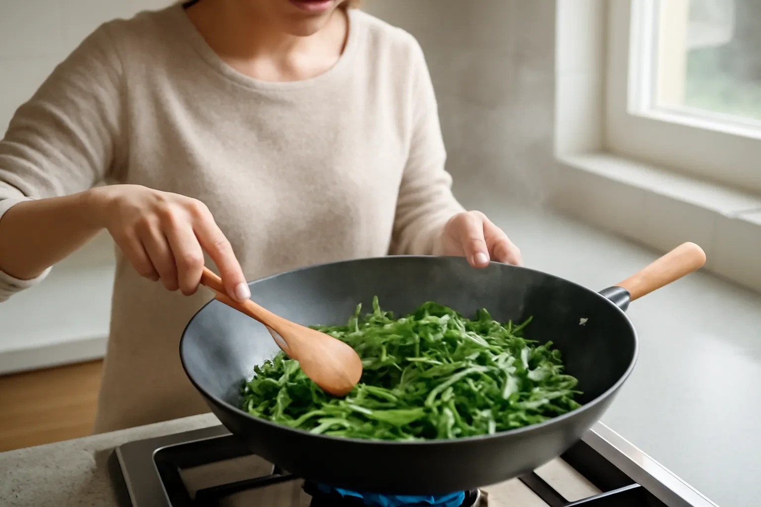 Đôi tay đang xào rau muống với tỏi trong chảo gang đen trên bếp ga
