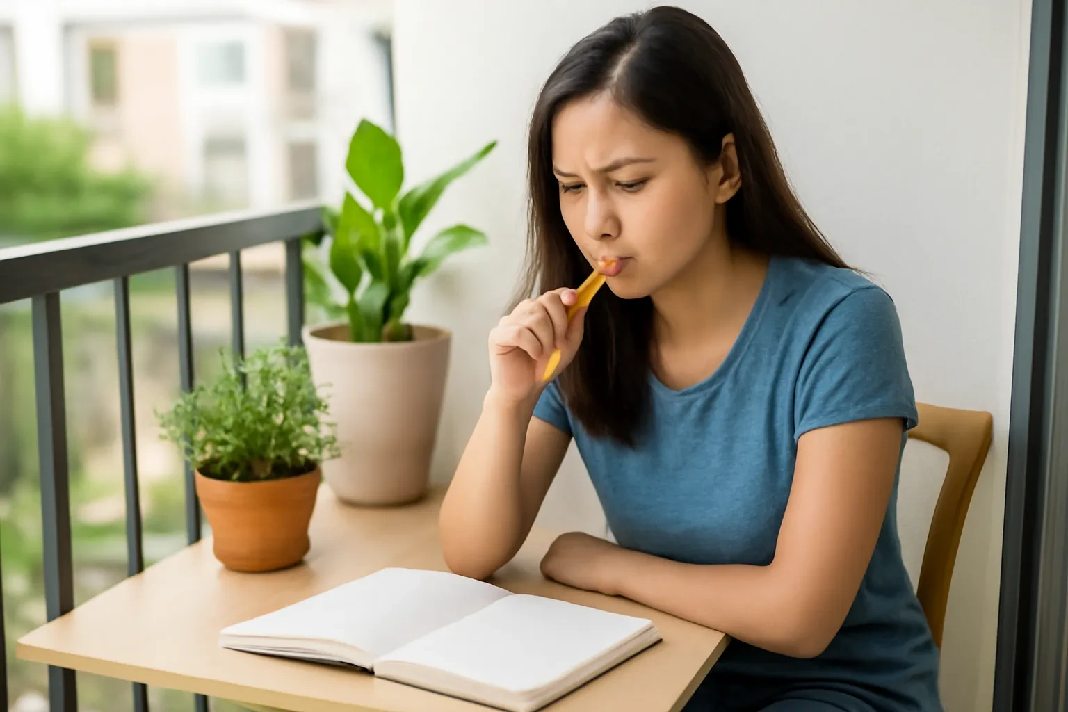 Cô gái trẻ ngồi bàn học ngoài ban công, cầm bút chì suy nghĩ bên cuốn sách đóng