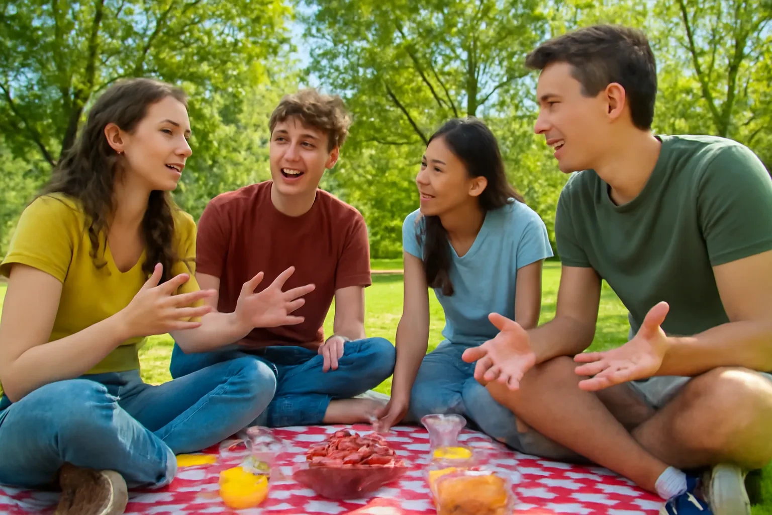 Nhóm bạn trẻ trò chuyện rôm rả bên tấm thảm dã ngoại trong công viên, một cô gái chăm chú lắng nghe