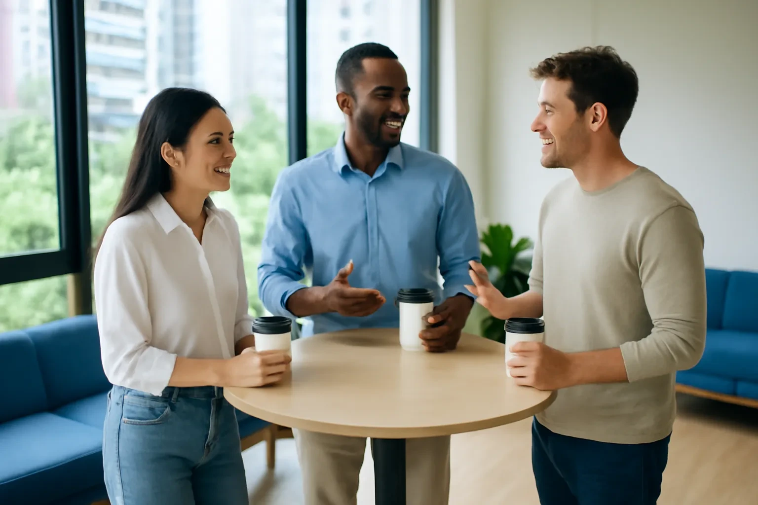 Ba đồng nghiệp nhiều quốc tịch trò chuyện quanh bàn đứng trong văn phòng sáng sủa