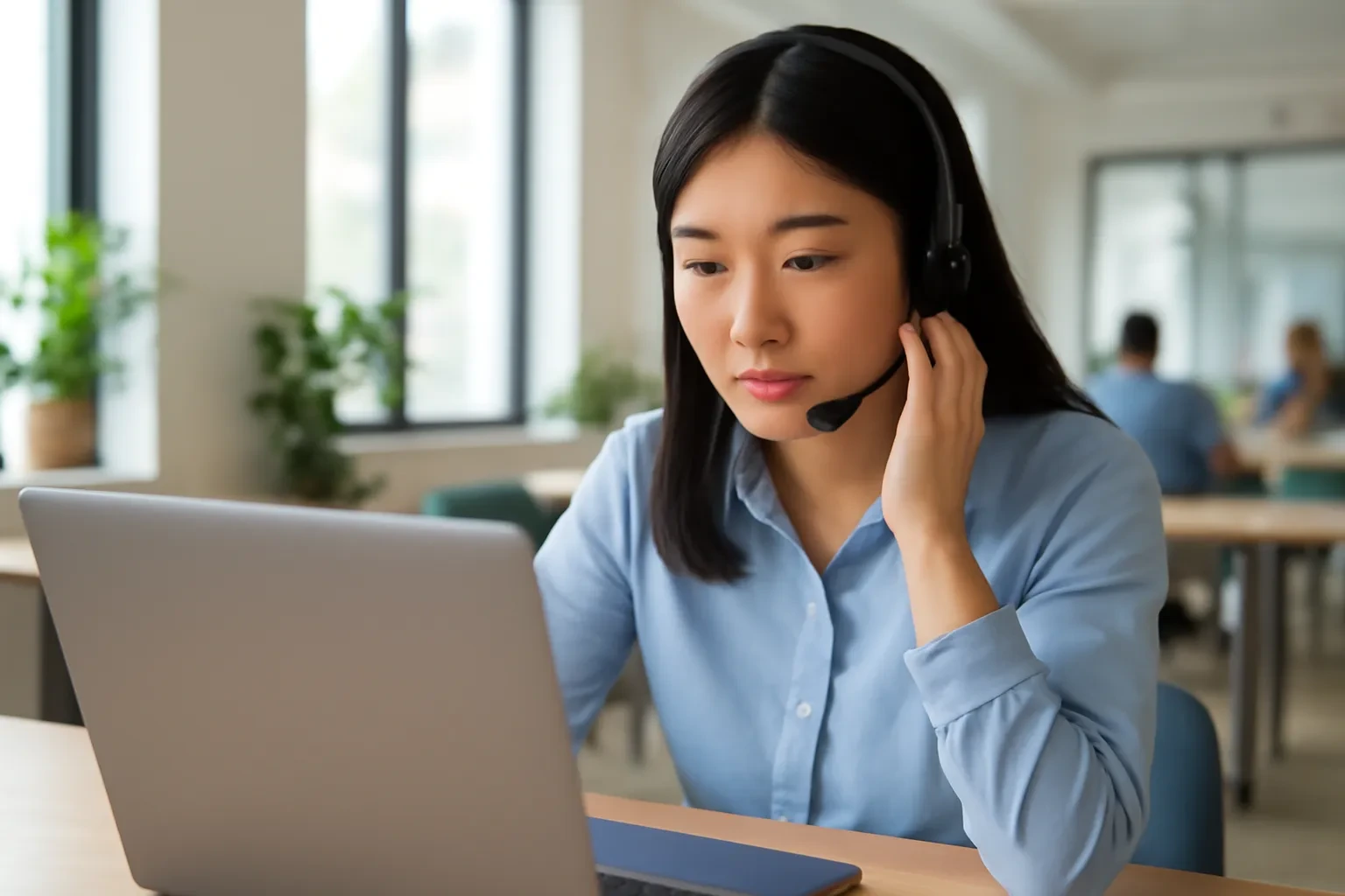 Nhân viên văn phòng đeo tai nghe, nghiêng người lắng nghe cuộc gọi trên máy tính