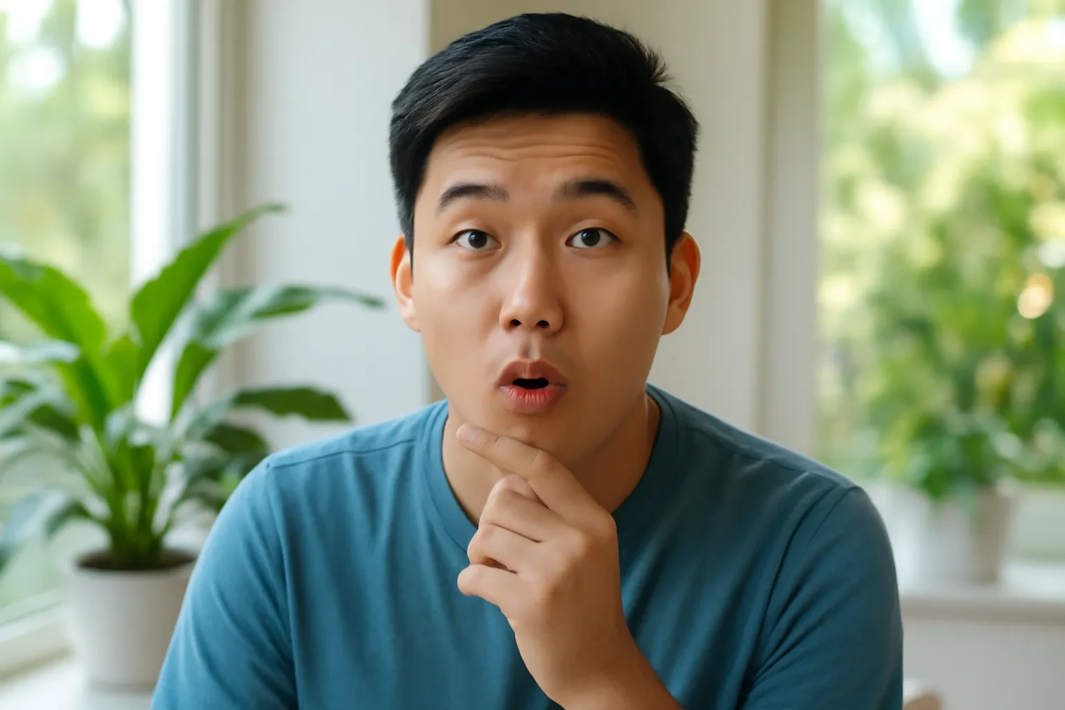 Chàng trai đặt ngón tay lên cằm khi luyện phát âm bên cửa sổ đầy nắng